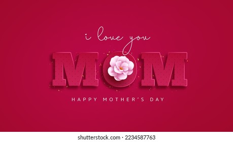 Happy mother's day text vector design. I love you mom typography in red background for women's day celebration. Vector Illustration.
