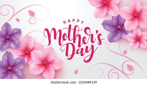 Happy mother's day text vector design. Mother's day postcard and greeting card with cherry blossom elements for international holiday celebration. Vector Illustration.
