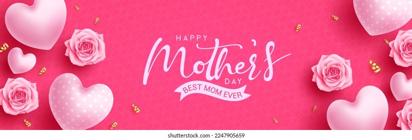 Happy mother's day text vector design. Mother's day typography in pink space with heart balloons and flower elements for greeting card background. Vector Illustration. 