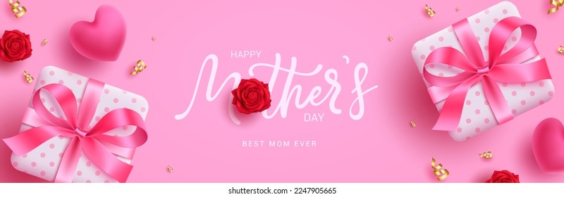 Happy mother's day text vector design. Mother's day greeting typography with gift boxes elements for international celebration background. Vector Illustration. 