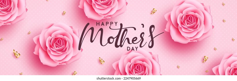 Happy mother's day text vector design. Mother's day greeting card with pink rose and camellia flower elements for women's international celebration background. Vector Illustration. 