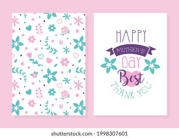 Happy Mothers Day Thank You Card Template, Spring Flowers Seamless Pattern Vector Illustration