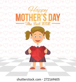 Happy Mother's Day Theme, Geometric Heart Symbol Hold Little Girl, Flat Vector Poster, Event Flyer Illustration