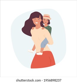 Happy mother's day. Happy toddler daughter rides on her mother and smiling together. Joyful mommy playing with her little kid. Vector illustration in a flat style