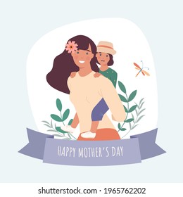Happy mother's day. Happy toddler daughter rides on her mother and smiling together. Joyful mommy playing with her little kid. Vector illustration in a flat style