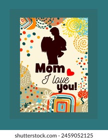 Happy Mother's Day trendy card. Silhouette of a mother with a child. hand drawing. Not AI. Vector illustration.