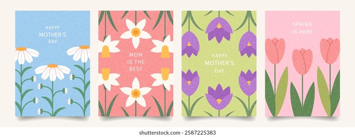 Happy Mother's Day trendy floral cards. Minimalist posters with spring geometric flowers, pink tulips, daffodil, crocus. Vector flat template holiday cover, ads, branding, cover, banner, flyer.