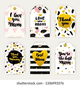 Happy Mothers Day Trendy Gift Labels. Vector Illustration of 80s Style Shop Tag Design with Handwritten Lettering.