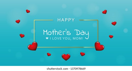 happy mothers day turquoise card with red hearts vector illustration EPS10
