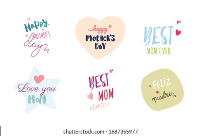 Happy Mother`s Day Typographic Emblems and Badges Set. Vector Design Elements For Greeting Cards