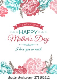 Happy Mothers Day Typographical Background With Hand Drawn Peonies and Place for Text.