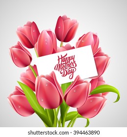 Happy Mothers day Typographical Background With Bunch of Spring Tulips Flowers