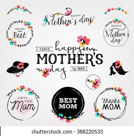 Happy Mother's Day Typographical Vintage Badges with Colorful Flowers