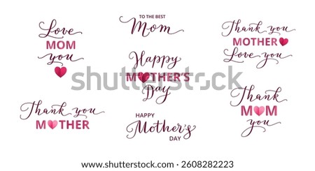 Happy mother's day typography, calligraphy. Love you Mom text. For mothers day greeting cards, banners, social media posts, invitations, photo overlays. Transparent background in vector file.