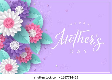 Happy Mothers day typography design. Handwritten calligraphy with 3d paper cut flowers and leaves on purple background. Vector illustration.