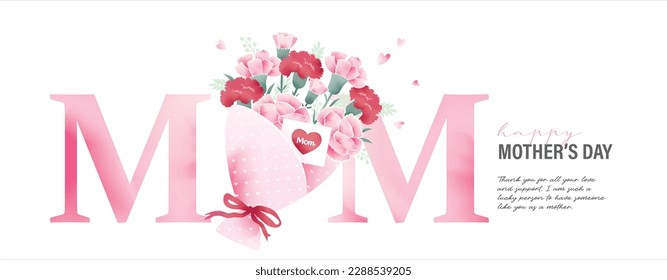 Happy Mothers Day typography design with beautiful bouquet of Carnation flowers.