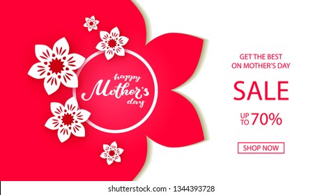 Happy Mother's Day typography lettering poster on paper art floral frame background. Sale, shopping tag with flower decor. Mothers Day discount card, banner template. Vector illustration.