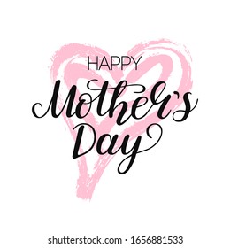 Happy Mother's Day typography text on pink hand writing heart background. Template card with celebrate quote  for mommy holiday. Vector Illustration 