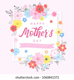 Happy Mothers Day Typography.Happy Mothers Day - Hand Drawn Lettering With Floral Elements,leaves And Flowers.Seasons Greetings Card Perfect For Prints,banners,invitations,special Offer And More.