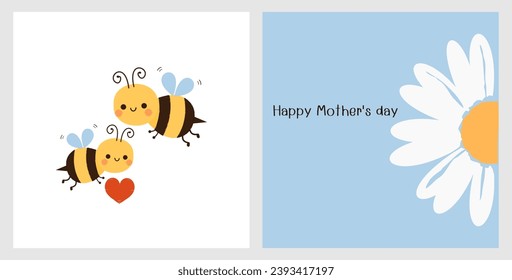 Feliz día de la madre o tarjetas de San Valentín con dibujos animados de abejas y flores de margarita en ilustración vectorial de fondo blanco y azul.