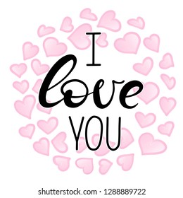 Happy Mother's Day or Happy Valentine's day feminine lettering on white background with hearts. Hand written modern calligraphy style postcard, invitation, poster, banner, greeting card. Vector EPS10.