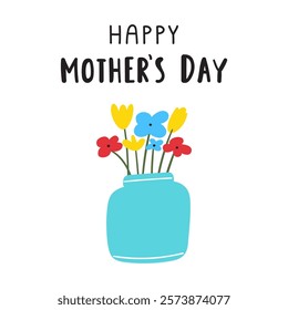 Happy Mother's day. Vase with flowers. Vector illustration on white background.