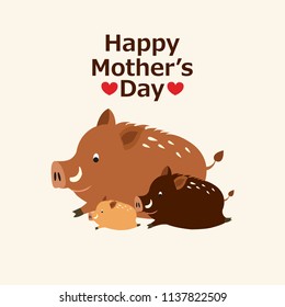 Happy Mother's day vector background design with mom wild boar and little baby.