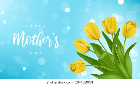 Happy Mother's Day vector banner. Vector illustration with realistic yellow tulips flowers on blue background with effect bokeh.