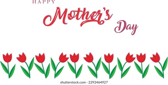 Happy Mother's day vector banner with tulips flowers on white background, red text