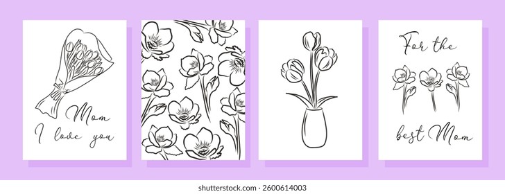 Happy Mother's day vector black and white elegant hand drawn greeting cards. Vector doodle illustration of tulips and spring flowers.