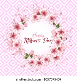 Happy Mother's Day vector card. Japanese cherry blossom pink sakura flowers border. Modern greeting card with apple branch tree flowers bloom. Moms Day holiday banner.