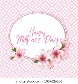 Happy Mother's Day vector card. Japanese cherry blossom pink sakura flowers frame. Light greeting card with sakura branch tree flowers bloom. Moms Day holiday banner.