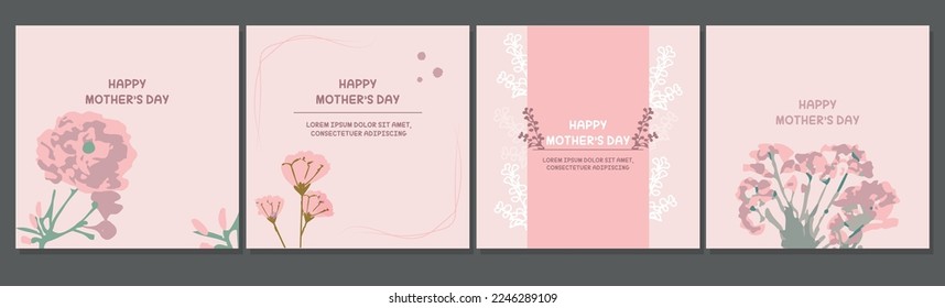 Happy Mother's Day vector cards set with beautiful flowers and hearts. Rose single line drawing with pink background. Minimalist style illustration.