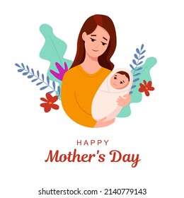 Happy Mother's Day. Vector cartoon illustration of a mother holding a newborn baby in her arms. 