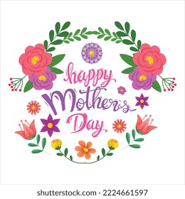 Happy Mother's Day Vector Concept Design. Happy Mother's Day Greeting Typography Text with Camellia Flowers in White Background for Happy Mothers' Day Celebration | Mother Day Vintage Lettering	
