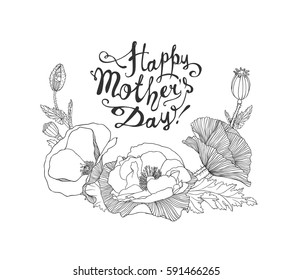 Happy Mother's Day Vector congratulation card with linear poppy flowers