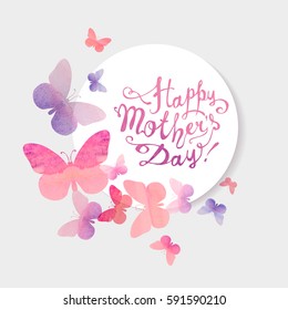 Happy Mother's Day Vector congratulation card with pink watercolor butterflies