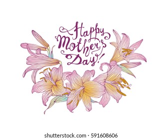 Happy Mother's Day Vector congratulation card with lily flowers