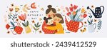 Happy Mother's Day. Vector cute illustrations of mother, grandmother and daughter hugging, watering can with tulip flowers, leaf for greeting card, poster or background