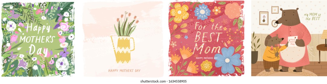 Happy Mother's Day! Vector cute illustrations: floral background   ornament; vase flowers   family bears congratulates his mother holiday  Drawings for card  poster postcard 
 