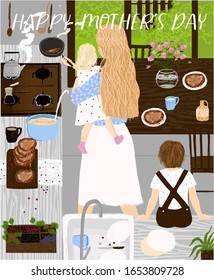 Happy Mother`s Day! Vector cute illustration of mom holds daughter in her arms and bakes pancakes, son sits in the kitchen. Family have breakfast in the morning. Drawings for card, poster or postcard