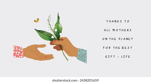 Happy Mother's Day! Vector cute modern illustration of lily of the valley flower giving from hand to hand, floral gift for greeting card, banner or poster