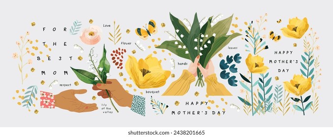 ¡Feliz Día de la Madre! Ilustración linda del vector de un ramo de lirio de las flores del valle sosteniendo en las manos, regalo floral, marco, borde, patrón moderno para la tarjeta de felicitación, invitación o póster