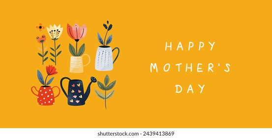 Happy Mother's Day. Vector cute illustration of watering can with tulip flowers,  leaf, leaves, plant, flower in a pot for greeting card, poster or background