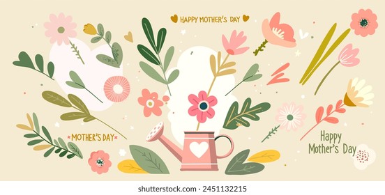 Happy Mother's Day. Vector cute illustration collage of flowers, hearts, graphic elements and lettering with wishes for a greeting card, banner, poster or advertisement