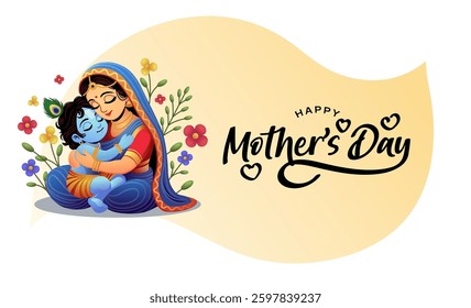 Happy Mother's Day. Vector cute illustration of mother, grandmother and daughter hugging, watering can with tulip flowers and polka dots pattern for greeting card, poster or background