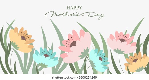 Happy Mother's Day. Vector Cute Spring or Summer Banner with Abstract Flat Flowers. Floral Background Design with Blooming Flowers for Mother's Day. Concept Template for Holidays, Websites, Sales. 
