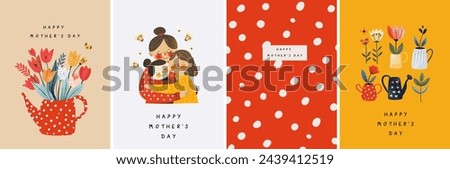 Happy Mother's Day. Vector cute illustration of mother, grandmother and daughter hugging, watering can with tulip flowers and polka dots pattern for greeting card, poster or background