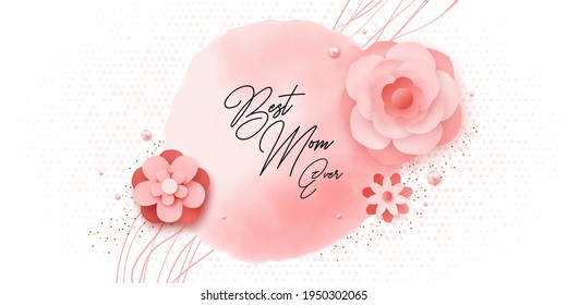 
Happy mother's day vector design card, blush pink watercolor fluid painting with flower and pearl. Blush pink watercolor fluid painting. Spring wedding invitation. Best mom ever