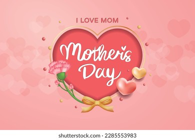 Happy Mother's Day vector design greeting card with pink heart and carnation flowers. Vector illustration.